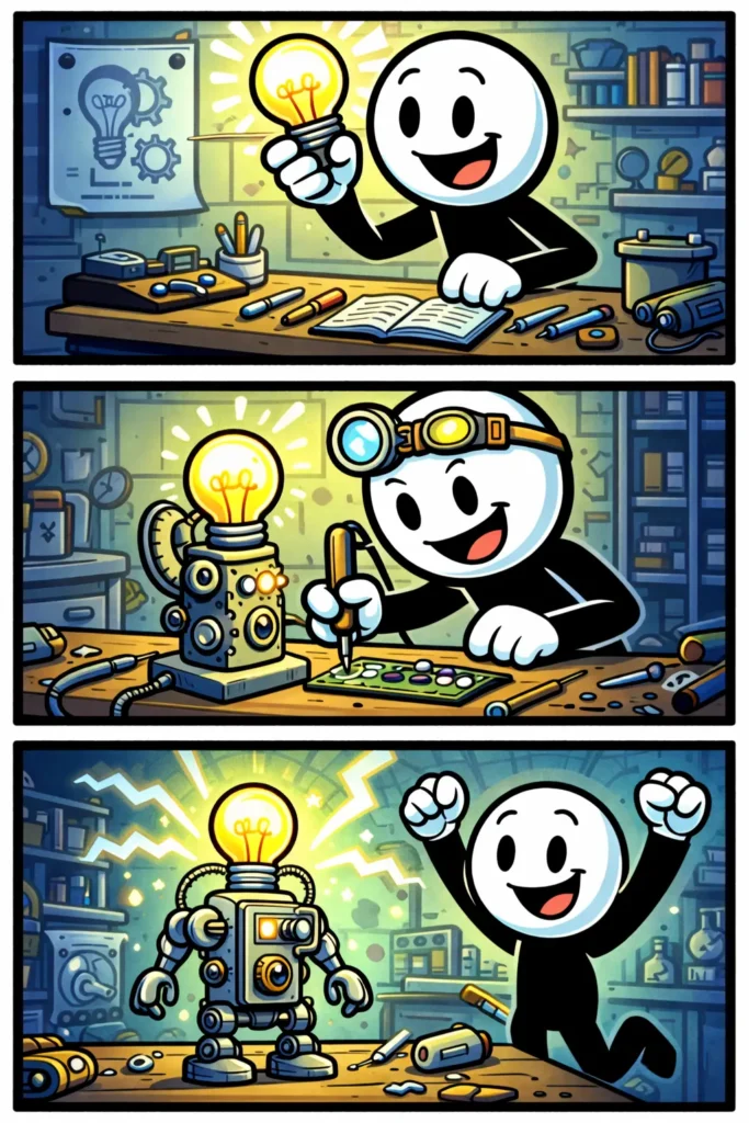 Stripafbeelding van een Uitvinding in drie panelen waarin een stickman eerst een idee bedenkt, daarna aan een apparaat werkt en uiteindelijk trots zijn werkende creatie presenteert.