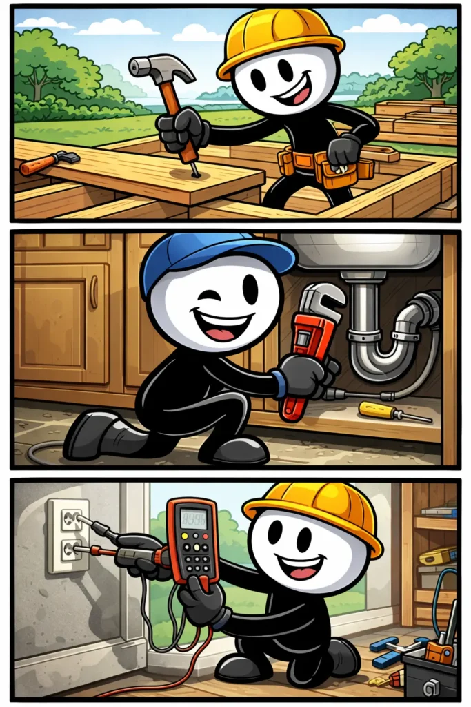 Een stripafbeelding van een stickman die drie verschillende vaklieden uitbeeldt in drie panelen.