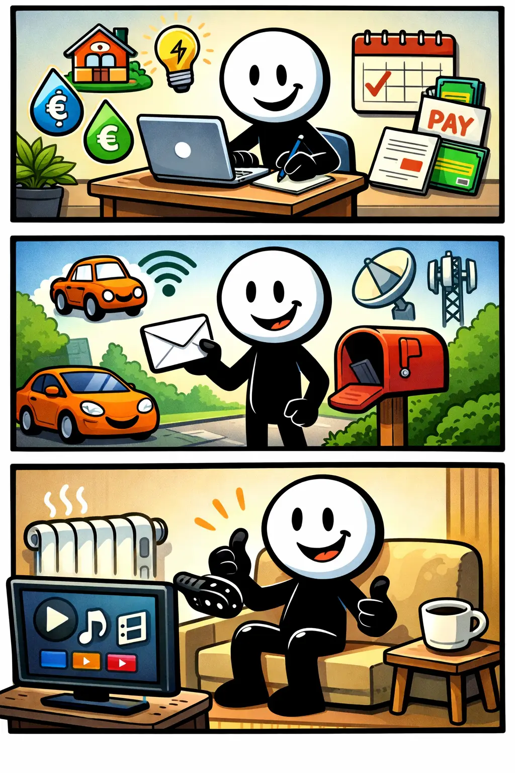 Afbeelding in Toonwords-stijl van een strip met drie panelen over het Nederlandse woord vaste lasten.