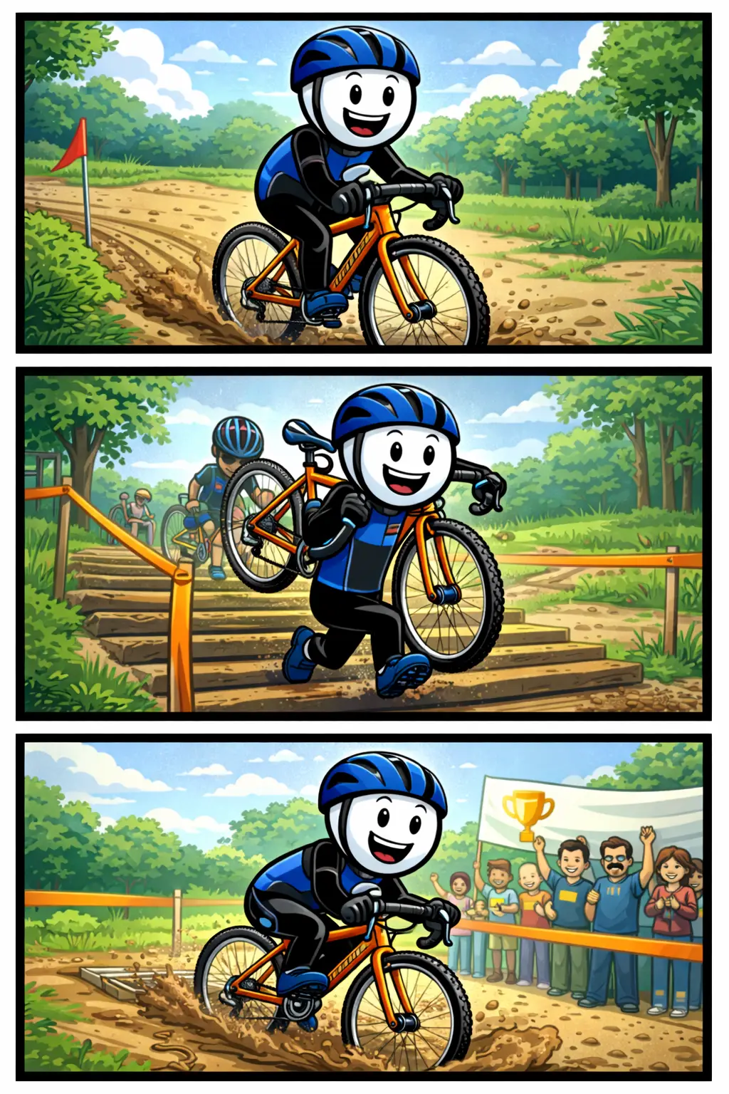 Stickman fietst door de modder, rent met de fiets een trap op en rijdt daarna hard door een parcours met juichend publiek.