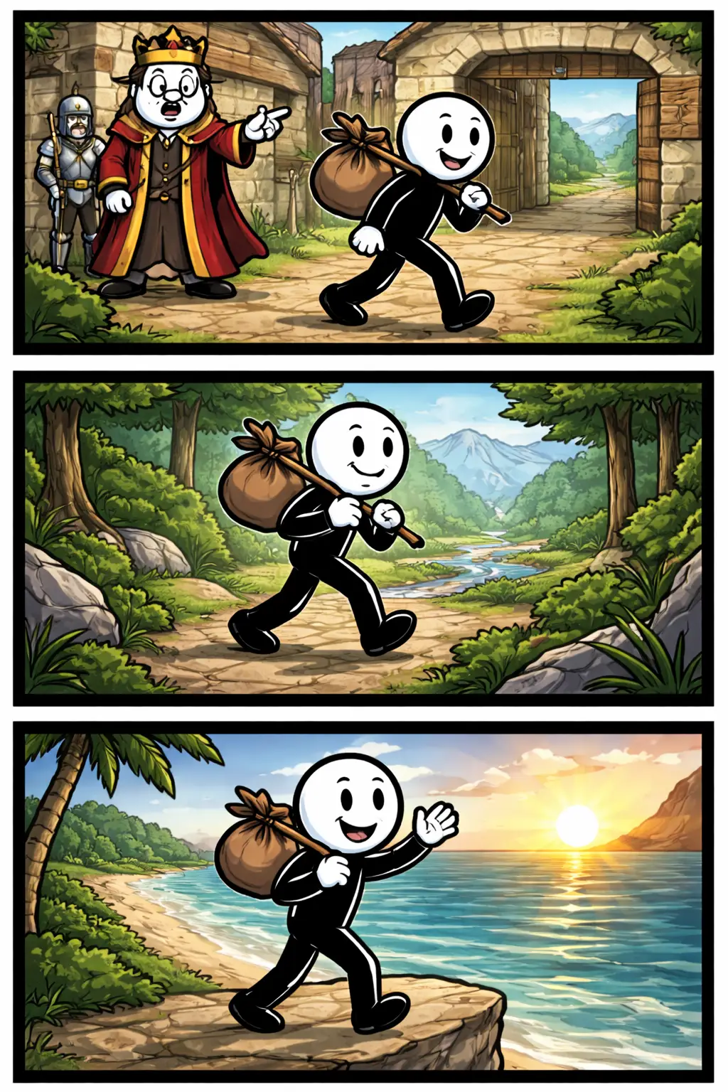 Stickman die het begrip verbannen uitbeeldt in drie verschillende scènes waarin hij een plek verlaat.