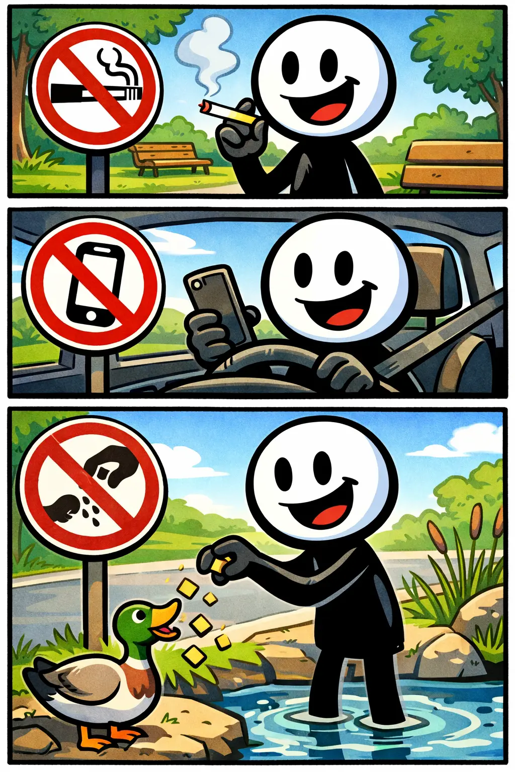 Een Toonwords-strip met drie panelen waarin een stickman geconfronteerd wordt met een bord met het woord Verboden en zichtbaar stopt bij een duidelijke grens.