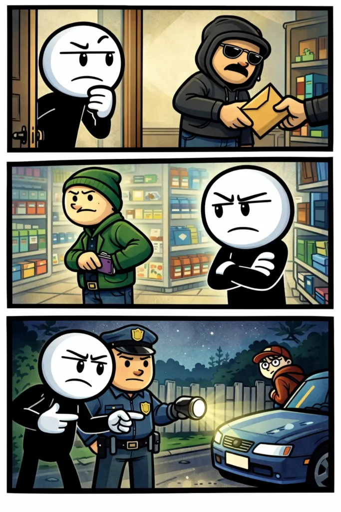 Stripafbeelding in Toonwords-stijl van een stickman bij het thema verdenking.