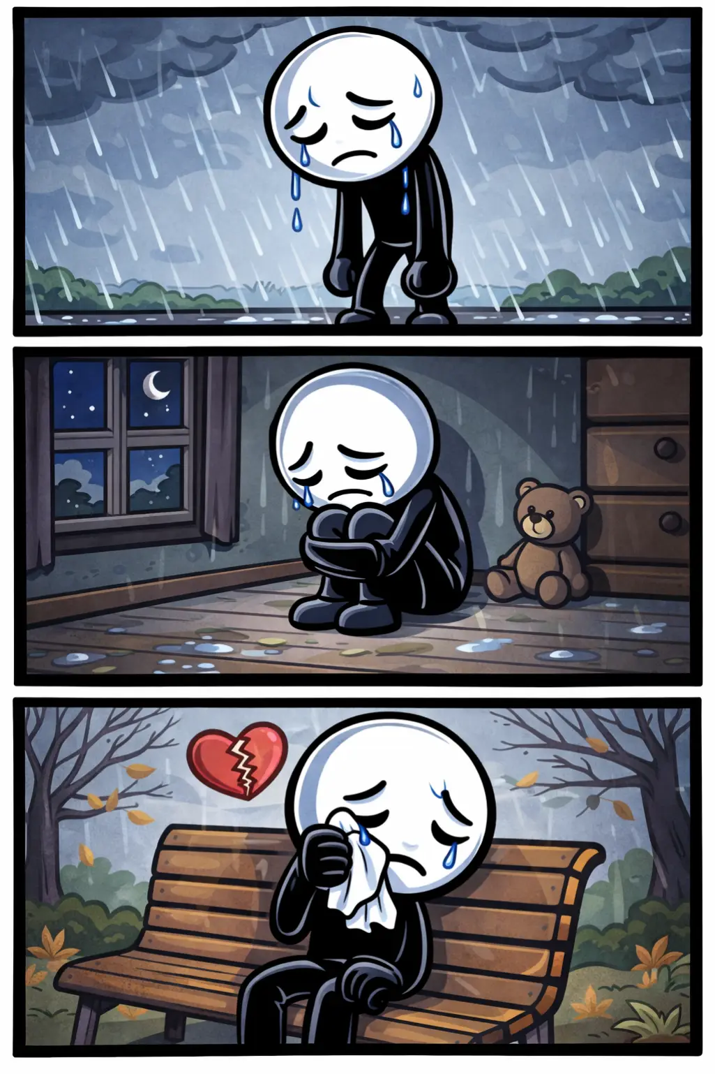 : Stripafbeelding van een sombere stickman in verschillende omgevingen die het gevoel van verdriet uitbeeldt.