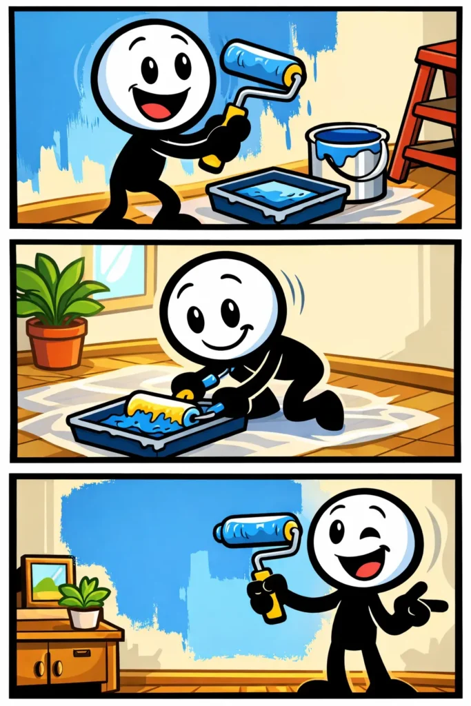 Stickman gebruikt een verfroller om een muur te schilderen in Toonwords-stijl.