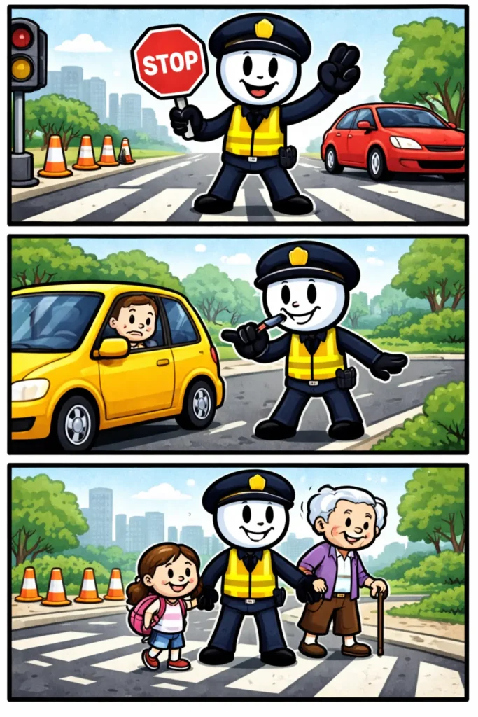 Verkeersagent die verkeer regelt op een druk kruispunt.