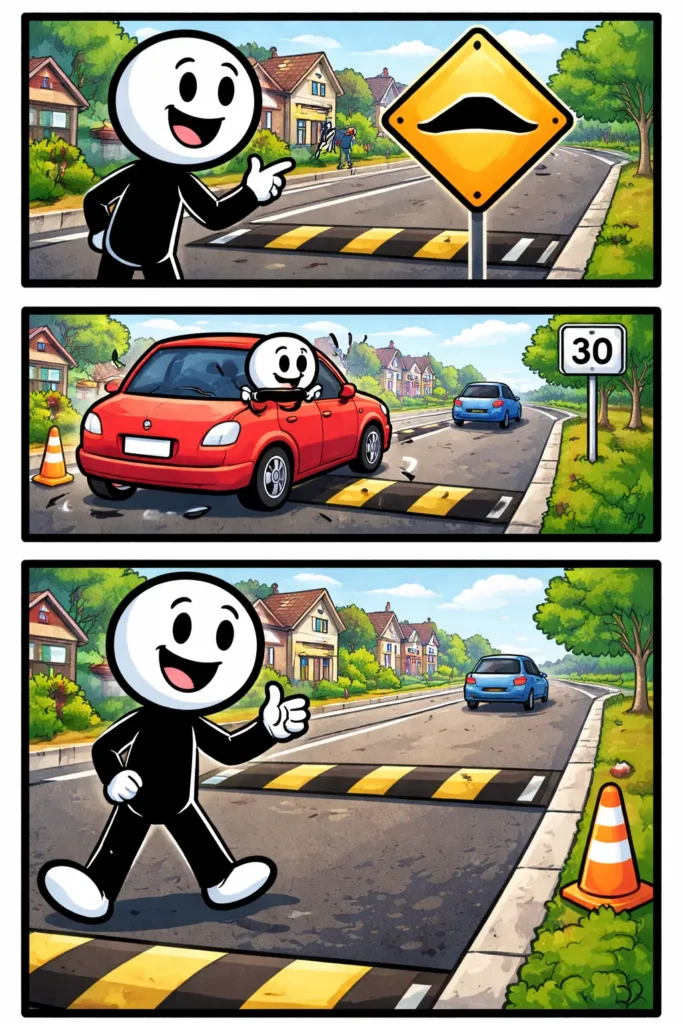 Stickman bij een verkeersdrempel terwijl voertuigen langzaam passeren op een woonstraat.