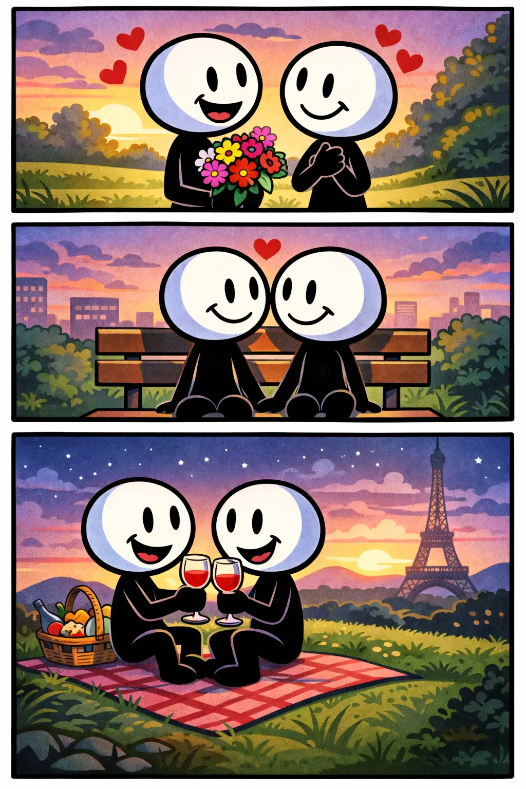 Een Toonwords-afbeelding van een stickman die een blij en verliefd moment beleeft bij het woord “verliefd”.