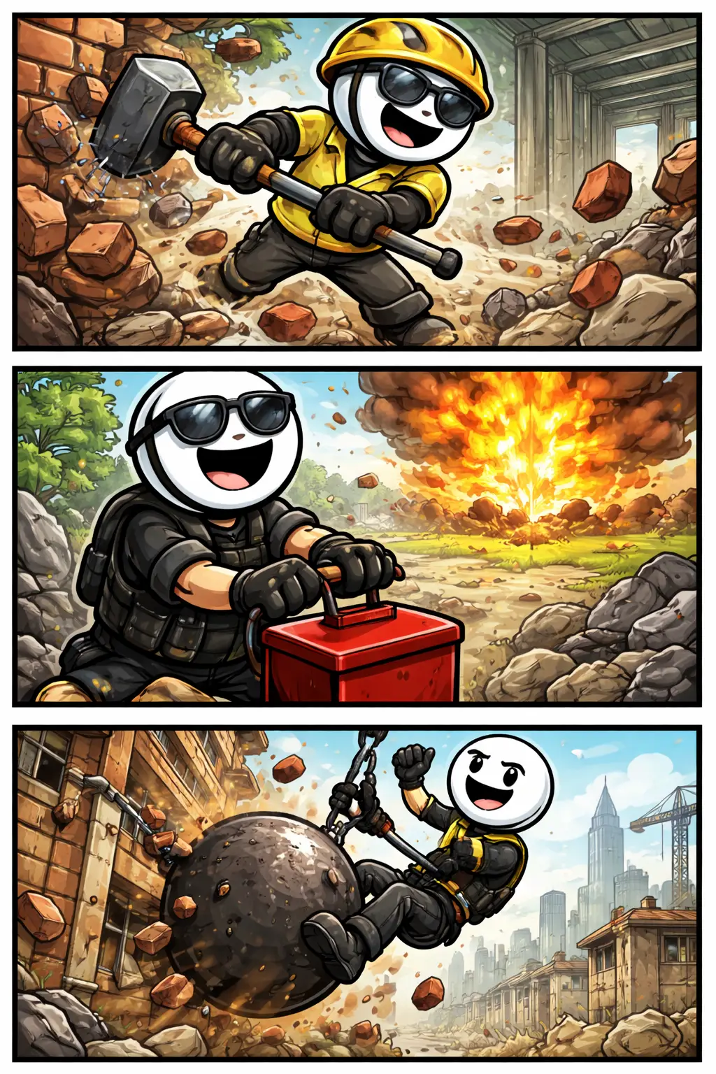 Stickman die verschillende vormen van vernietiging uitvoert in drie panelen met uiteenlopende omgevingen en stevige actie.