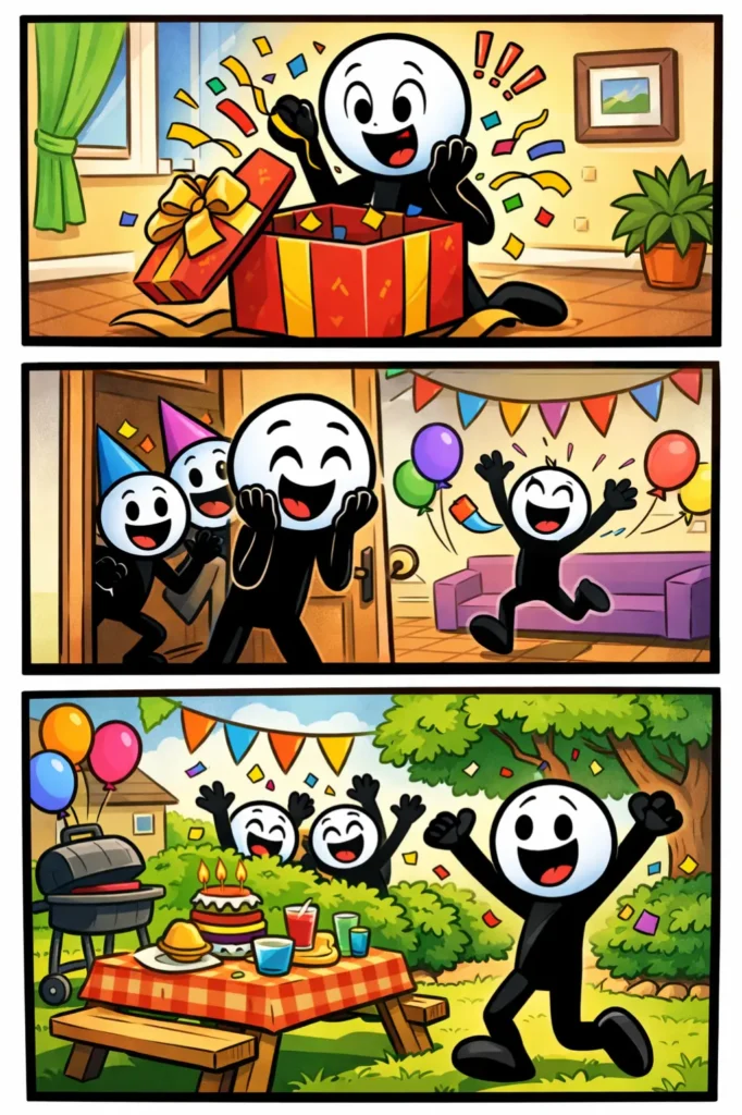 Een blije stickman opent een doos waar een verrassing uitspringt in een kleurrijke strip met drie panelen.