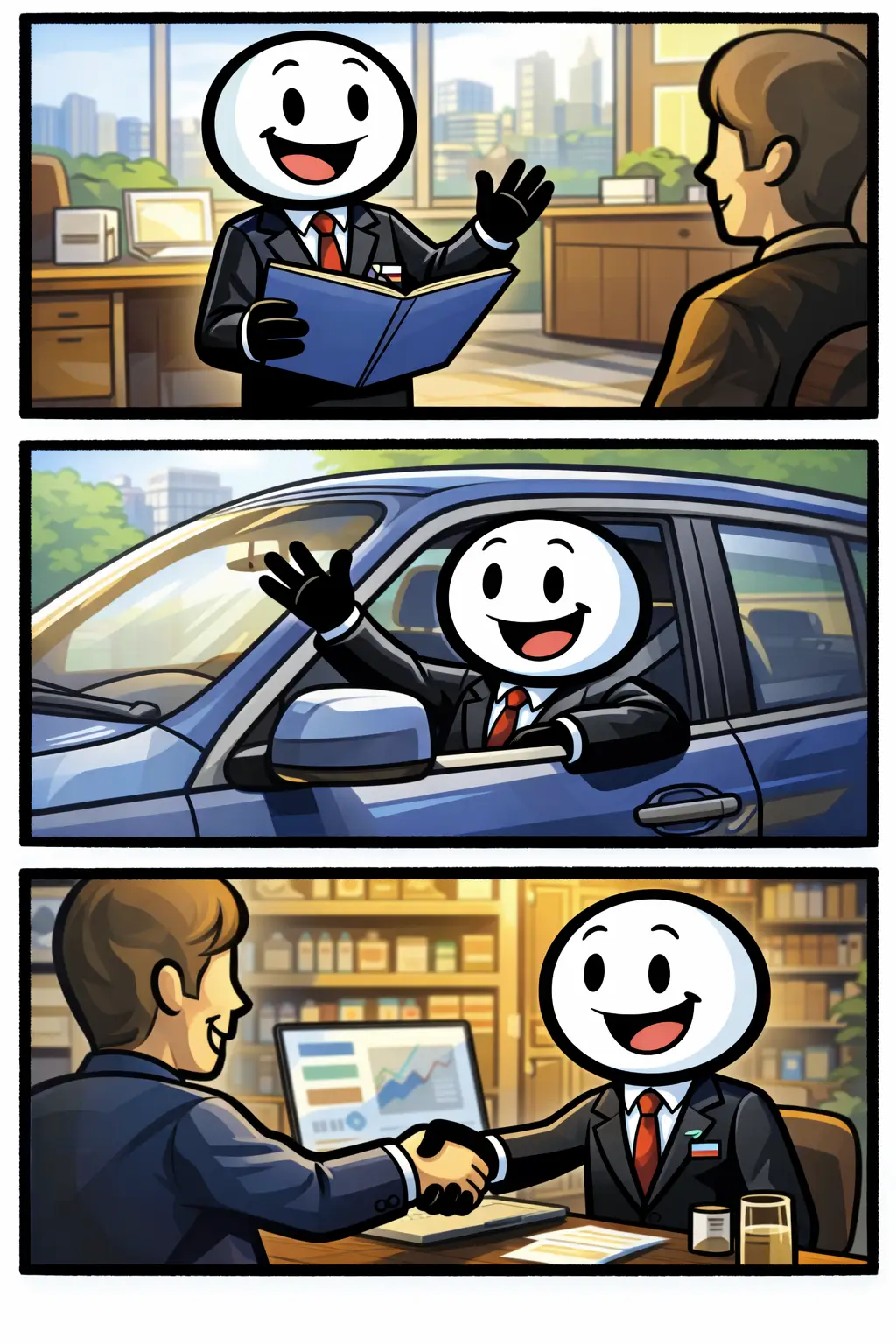 Een Toonwords-afbeelding van een vertegenwoordiger die klanten bezoekt en producten presenteert.