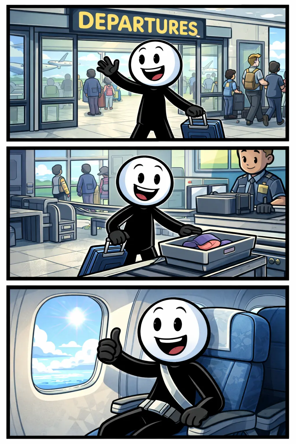 Stickman loopt de vertrekhal binnen, legt spullen in de bak bij de security en zit daarna blij in het vliegtuig bij het raam.