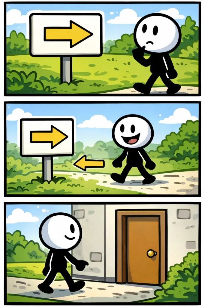 Stripafbeelding van Verwijzing met een stickman die een pijl volgt en bij een deur uitkomt.