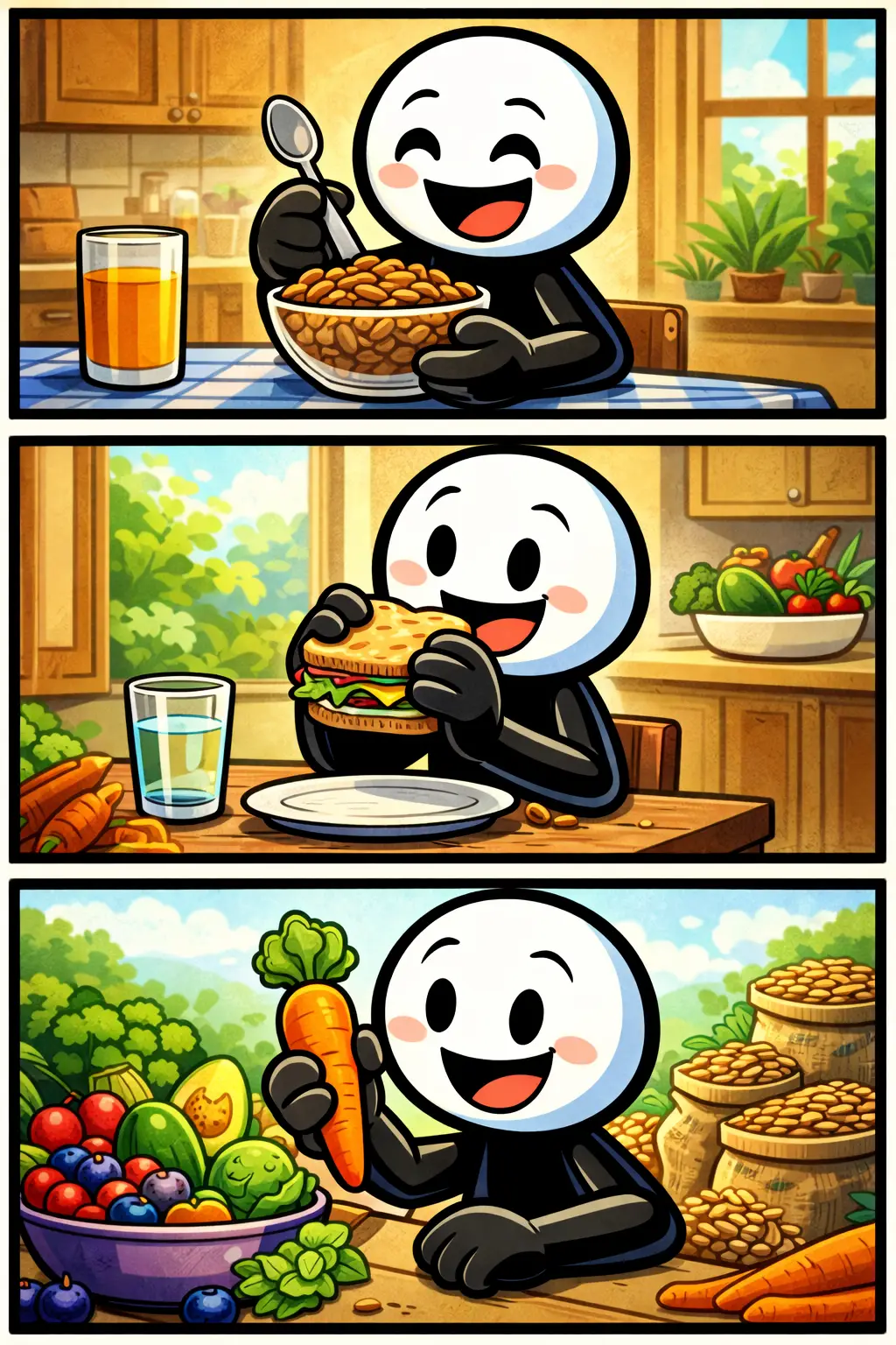 Stickman eet een kom vol granen, geniet van een vezelrijk broodje en houdt een wortel omhoog – Vezelrijk.