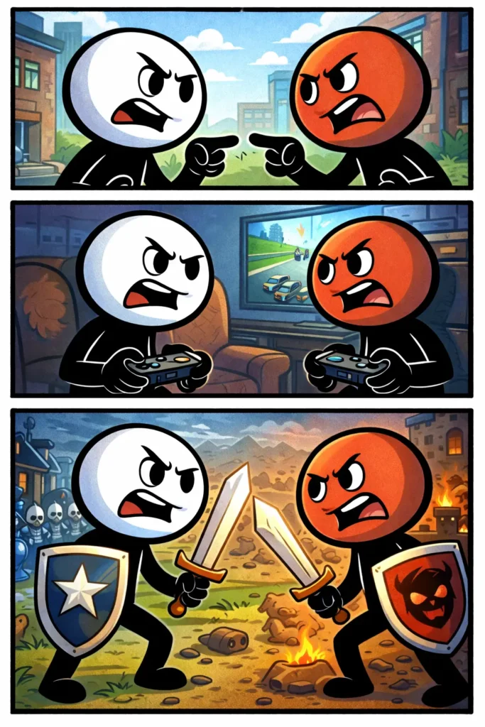 Stickman in drie panelen die situaties rond een vijand toont met wisselende omgevingen waarin tegenstelling centraal staat.