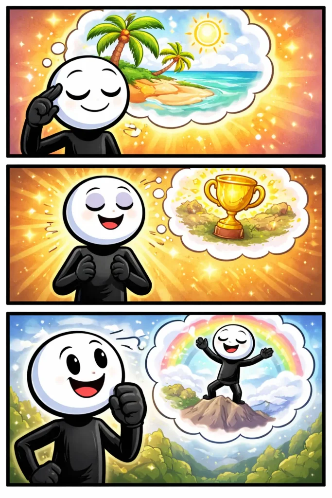 Stickman in drie panelen die verschillende momenten van visualisatie laat zien.