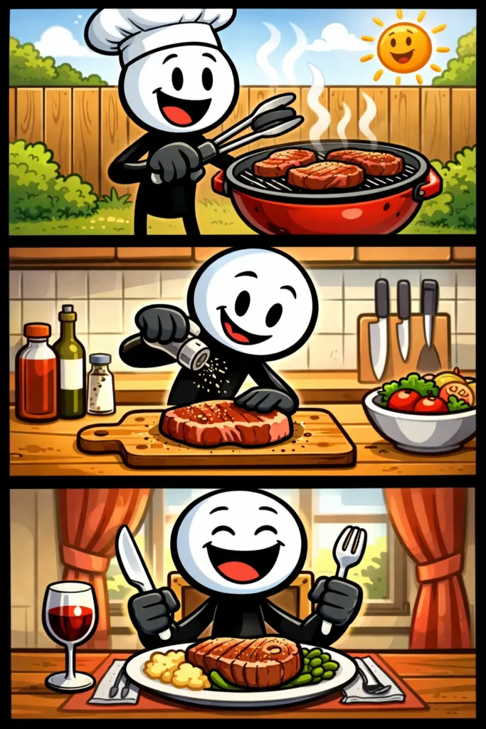 Afbeelding in Toonwords-stijl van het woord vlees, met een duidelijke focus op het onderwerp in drie panelen.