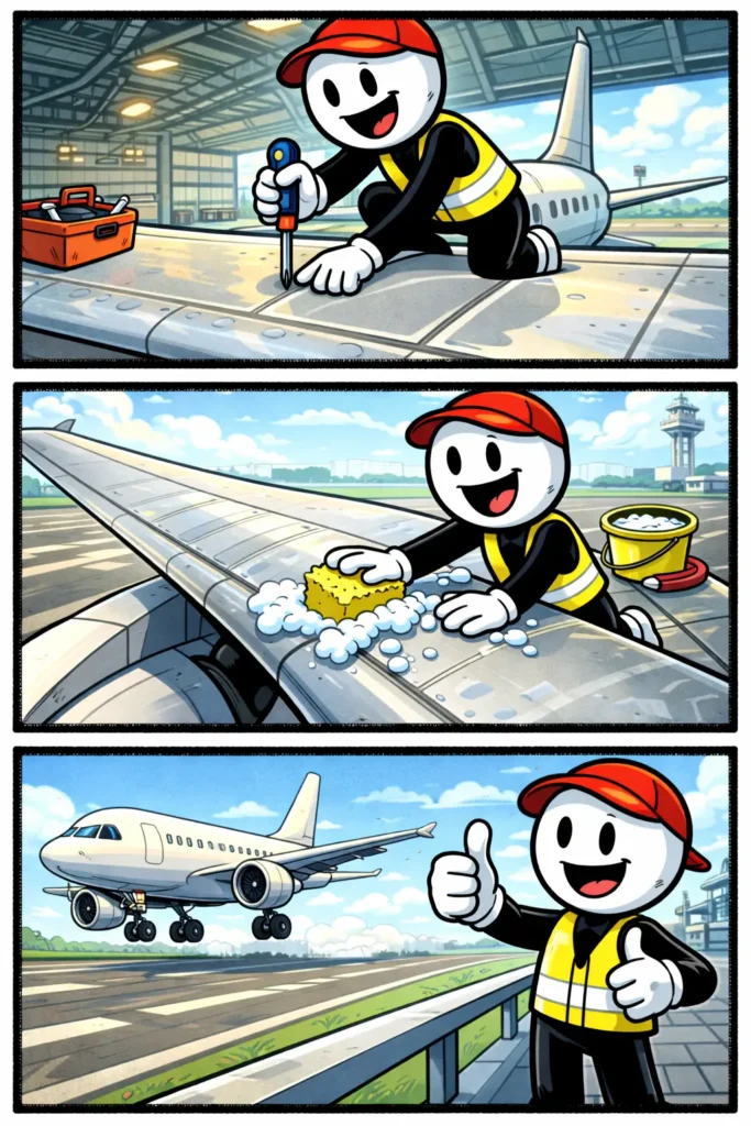 Stickman toont in drie panelen een vliegtuigvleugel in een vrolijke Toonwords-strip over het woord vleugel.