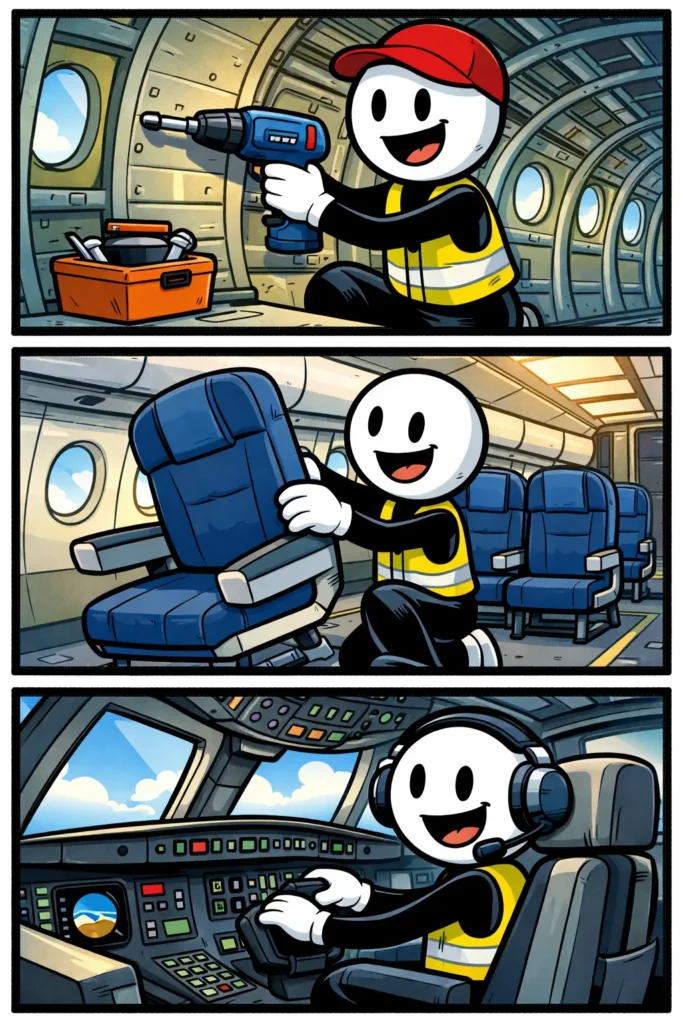 Stickman bekijkt een vliegtuigromp in een strip met drie panelen over het woord vliegtuigromp.