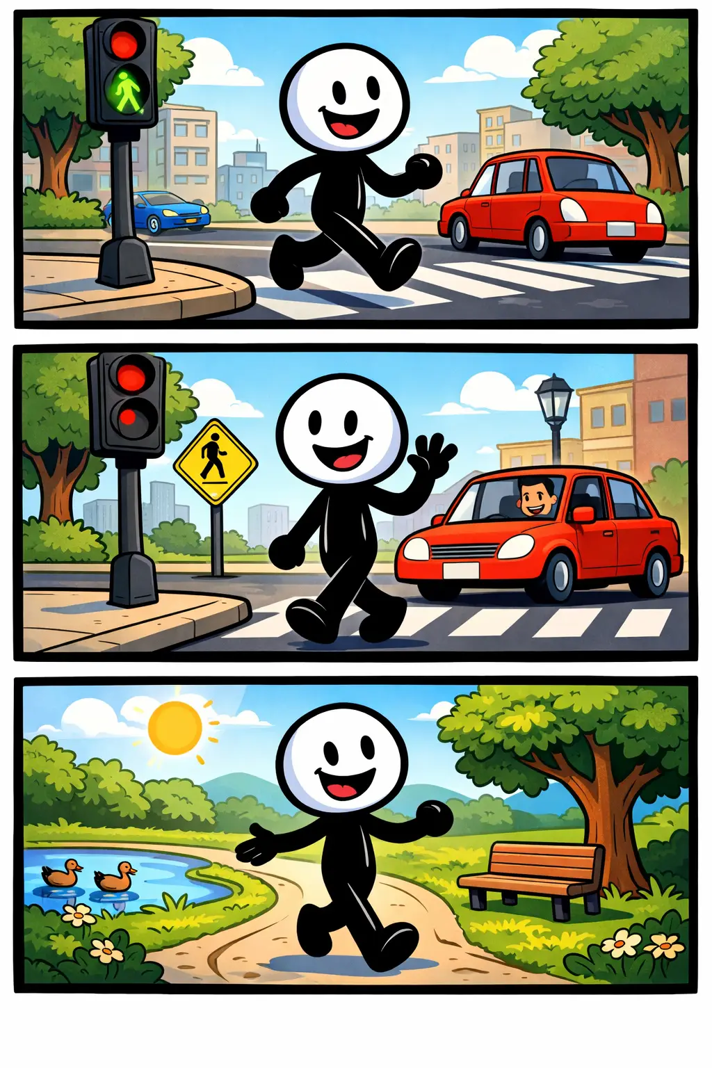 Voetganger die lopend een zebrapad oversteekt in een stadsdecor.