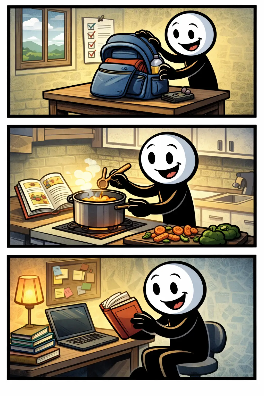 Stickman die zich voorbereidt met verschillende handelingen in drie panelen, passend bij het woord voorbereiden.