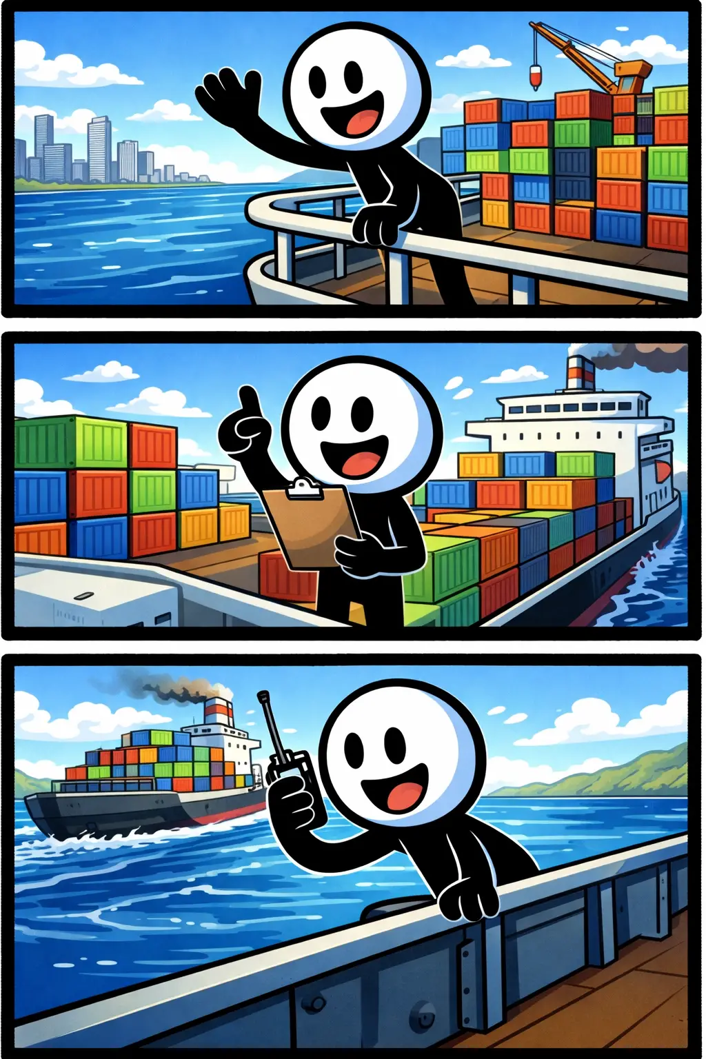 Stickman staat op een vrachtschip tussen kleurrijke containers met een vrolijke blik over het water.