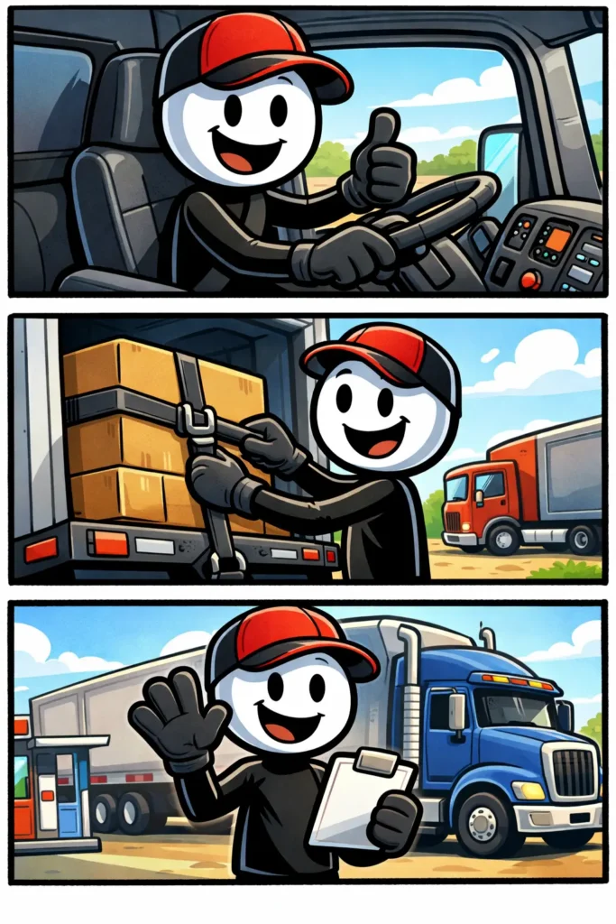 Stripafbeelding van het woord Vrachtwagenchauffeur met een stickman die in drie panelen een grote vrachtwagen bestuurt op verschillende locaties.