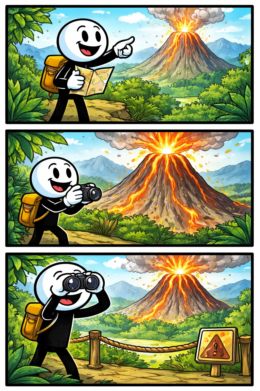 Stripafbeelding van een stickman die een uitbarstende vulkaan observeert in een bergachtig landschap.