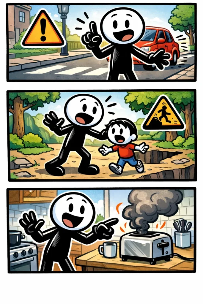Een stripafbeelding in Toonwords-stijl waarin een stickman drie scènes laat zien om iemand te waarschuwen, met verschillende omgevingen en duidelijke gebaren.
