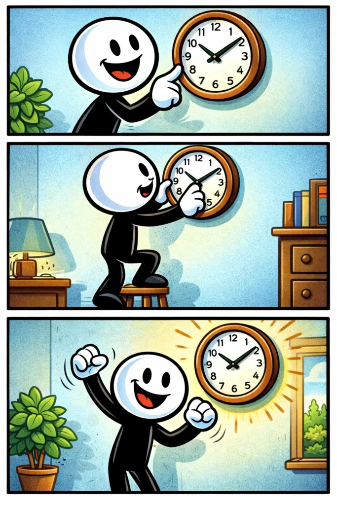 Stickman wijst naar een wandklok, stelt daarna de tijd bij op een krukje en viert blij dat de wandklok correct loopt in een lichte kamer.