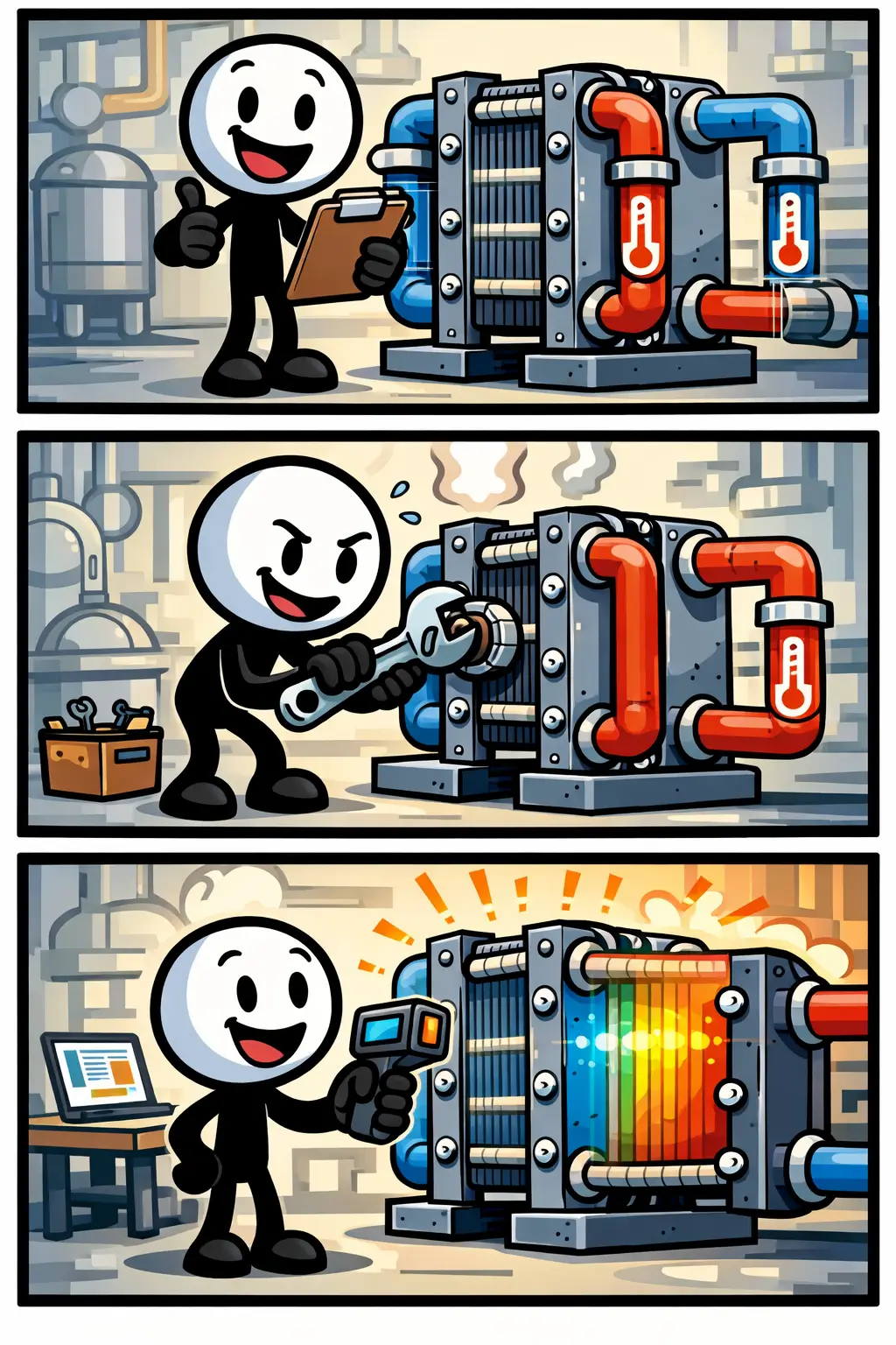 Warmtewisselaar met stickman die een warmteoverdrachtssysteem toont.