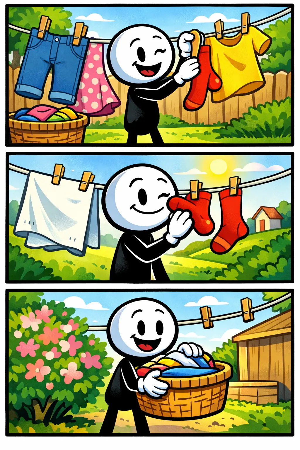 Stripafbeelding van een stickman bij een waslijn met wapperende kleding in een zonnige tuin.