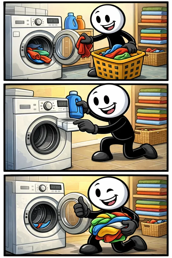 Een stripafbeelding van een stickman die in drie panelen een wasmachine gebruikt.