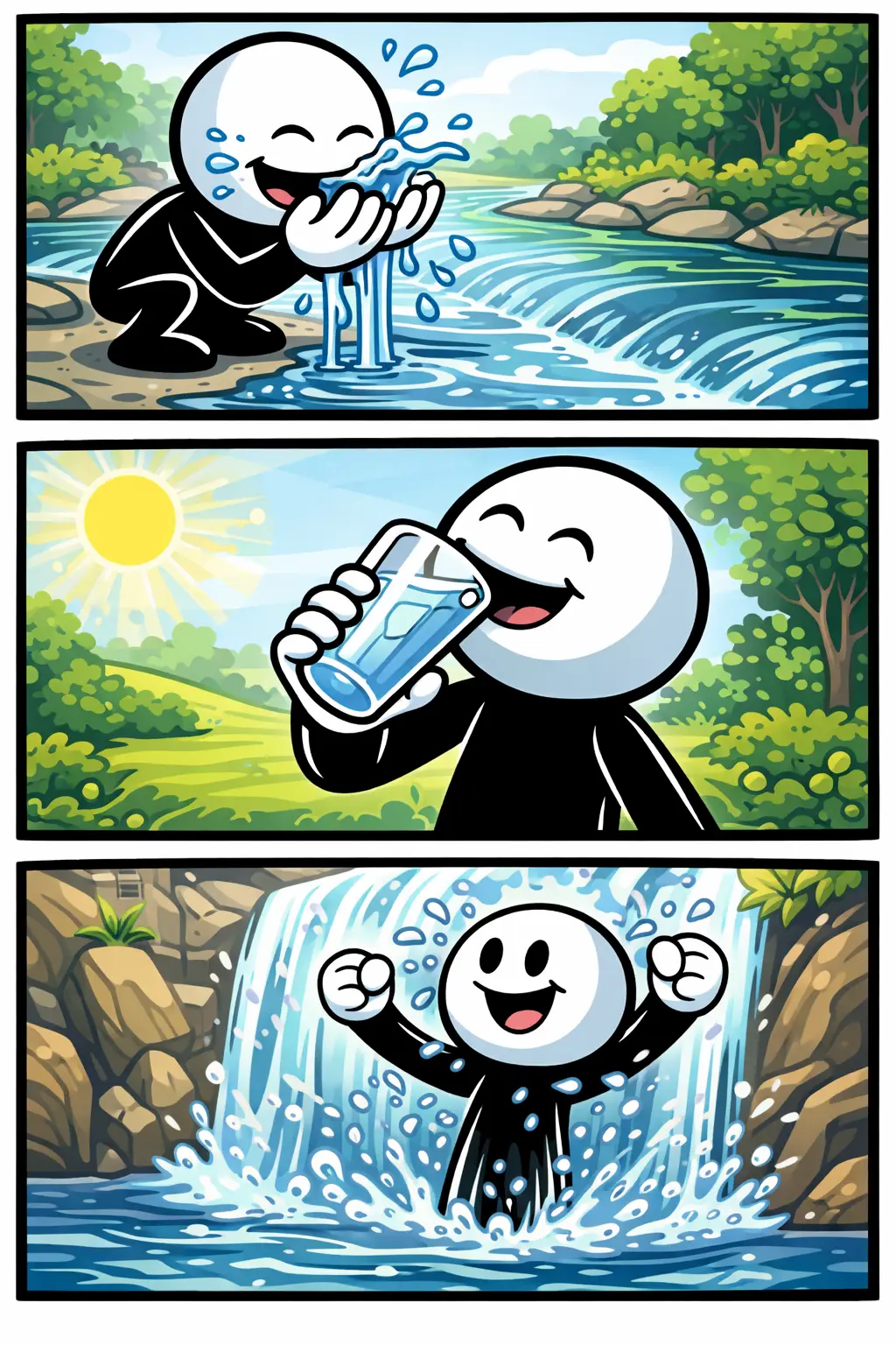 Een Toonwords-strip waarin een stickman water opschept, drinkt en bij een waterval staat in drie verschillende scènes.