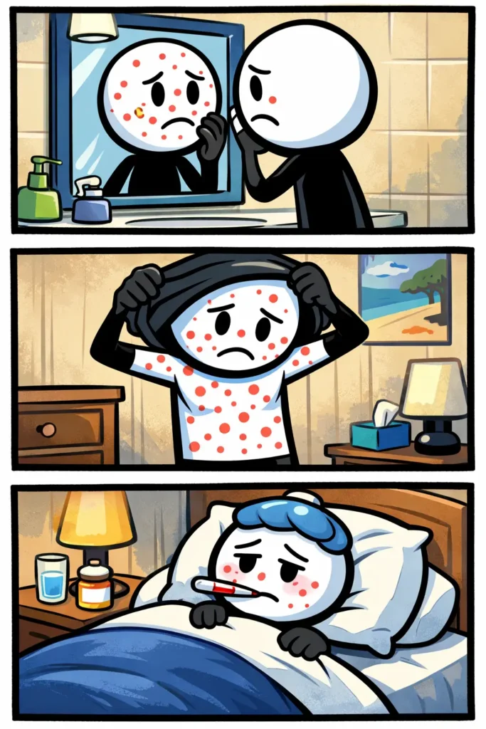 Stripafbeelding van het Toonword waterpokken met stickman die uitslag op zijn lichaam ontdekt.