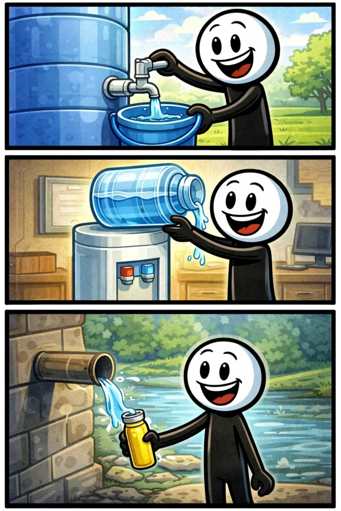 Stickman vult een emmer met water uit een groot waterreservoir terwijl het reservoir duidelijk zichtbaar op de achtergrond staat.