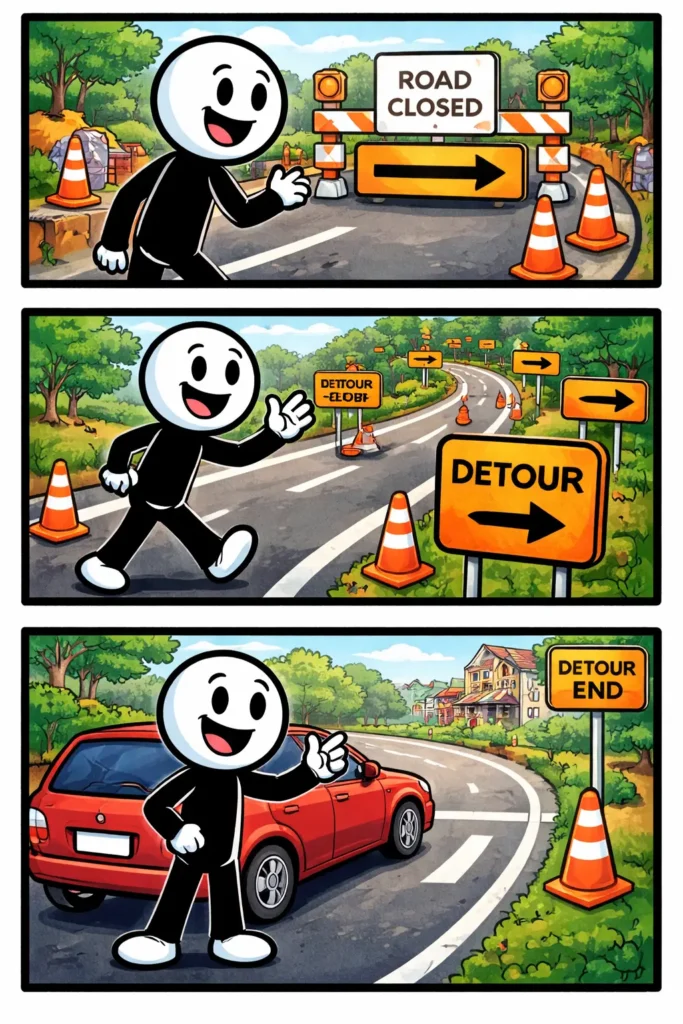 Stickman die een wegomleiding volgt langs borden en een afgesloten weg.