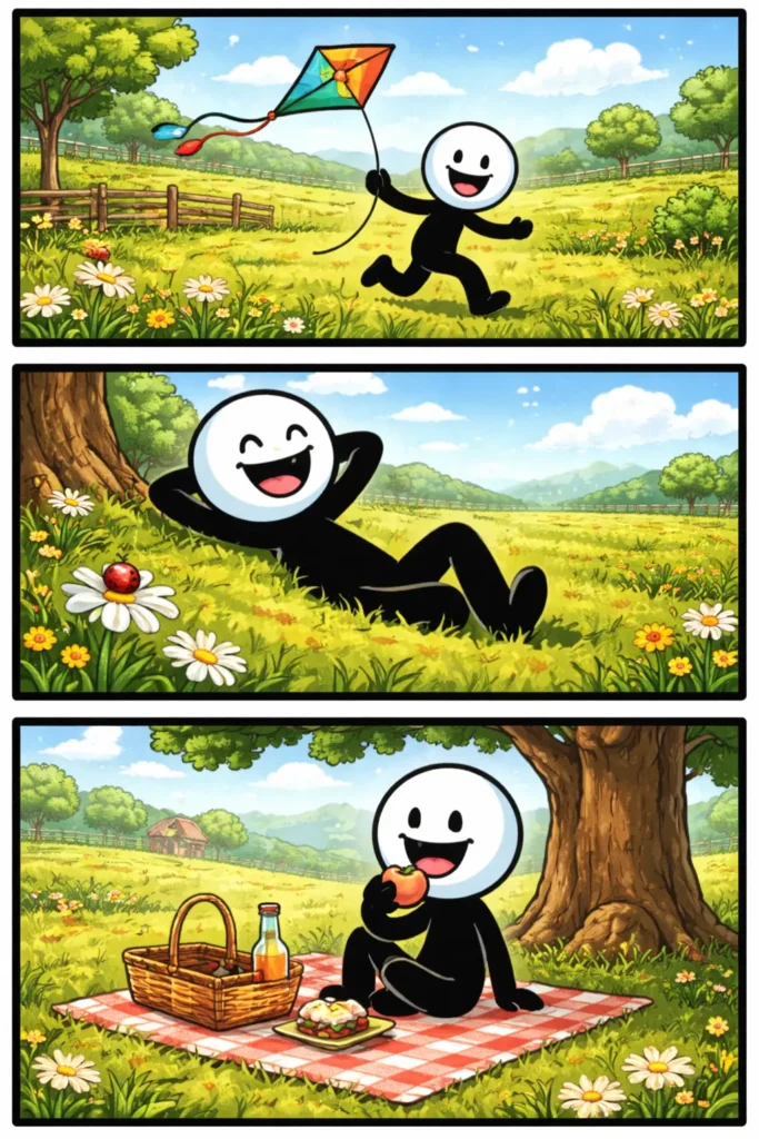 Illustratie van een stickman in een zonnig weiland met bloemen en een open groene achtergrond in Toonwords-stijl.