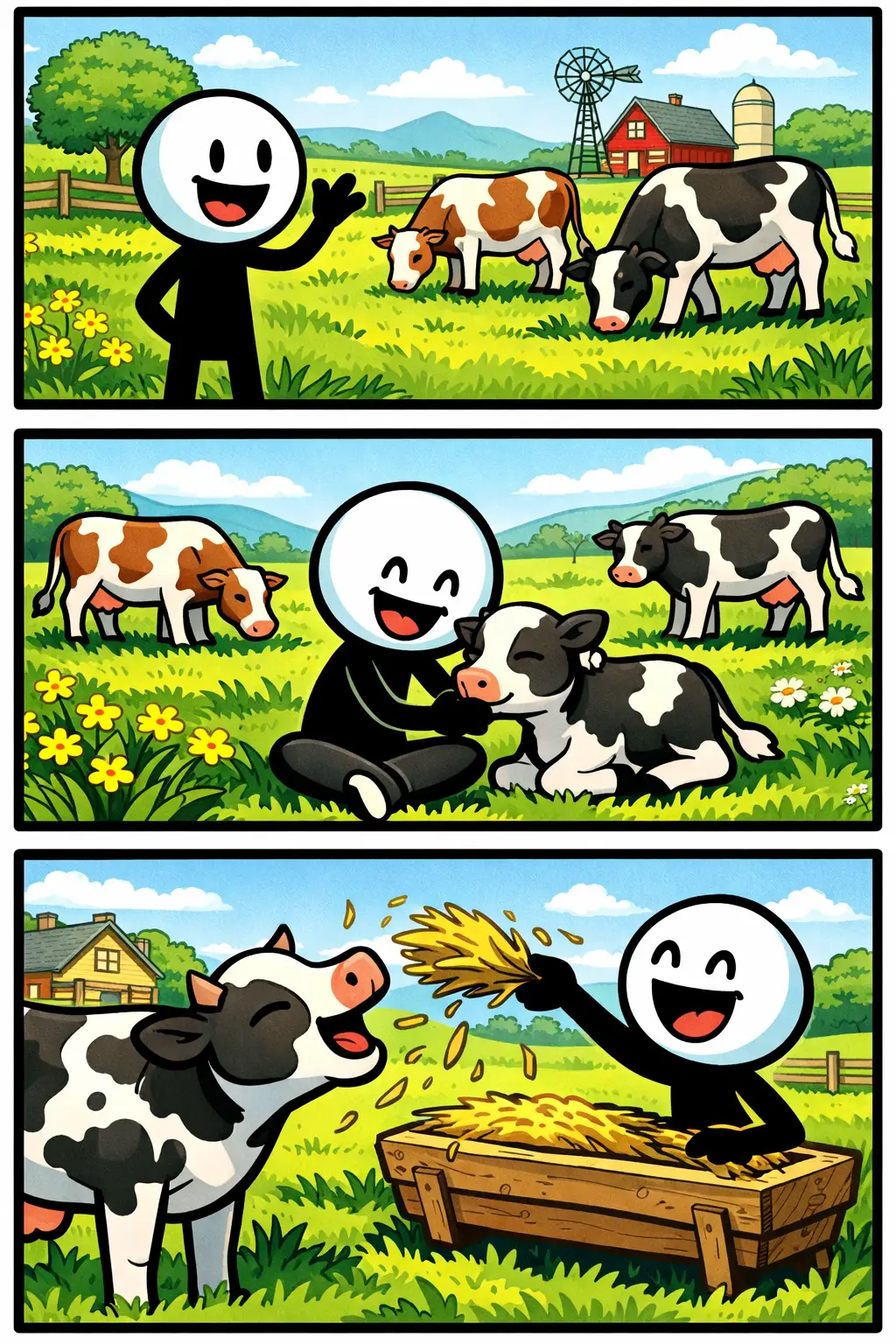 Illustratie van een stickman in een weiland met grazende koeien in Toonwords-stijl.