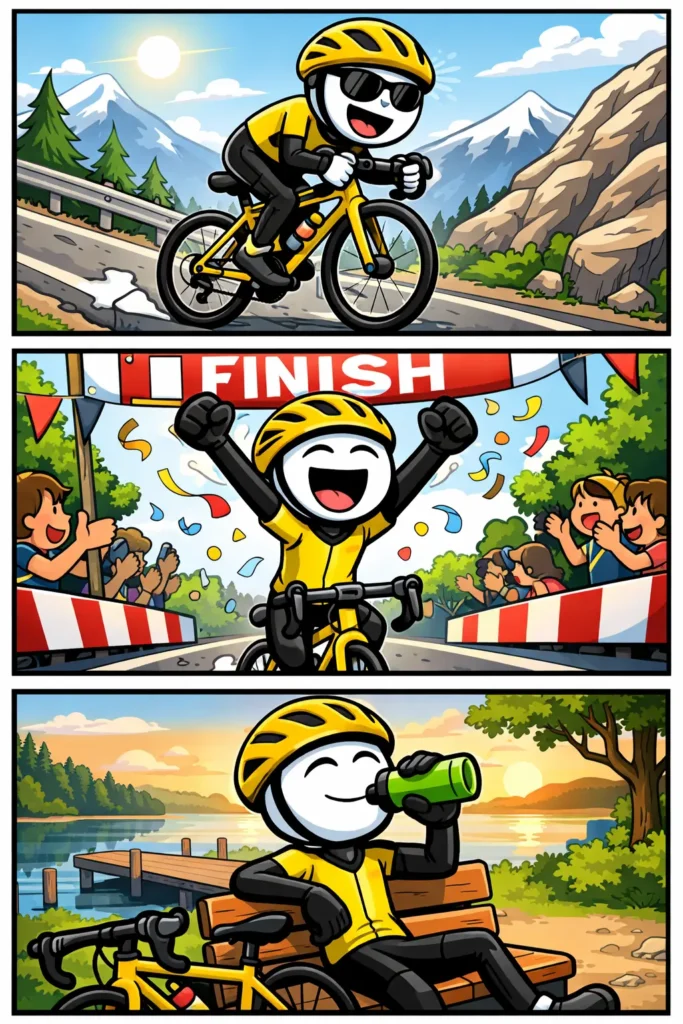 Stickman die wielrent in drie kleurrijke panelen met verschillende acties en een duidelijke wegomgeving.