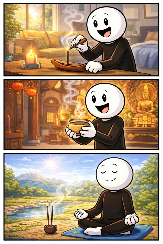 Wierook weergegeven met een stickman die in drie panelen wierook aansteekt, vasthoudt en ermee mediteert.