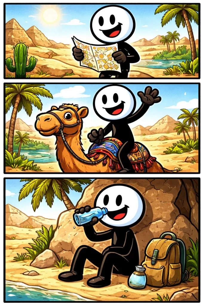 Een Toonwords-strip met drie panelen waarin een stickman door de Woestijn loopt, zweet onder de zon en uiteindelijk een oase bereikt in een uitgestrekt zandlandschap.