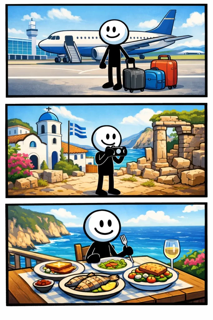 Kleurrijke Toonwords-strip over het woord Zakynthos met luchthaven, eilandcultuur en eten aan zee.