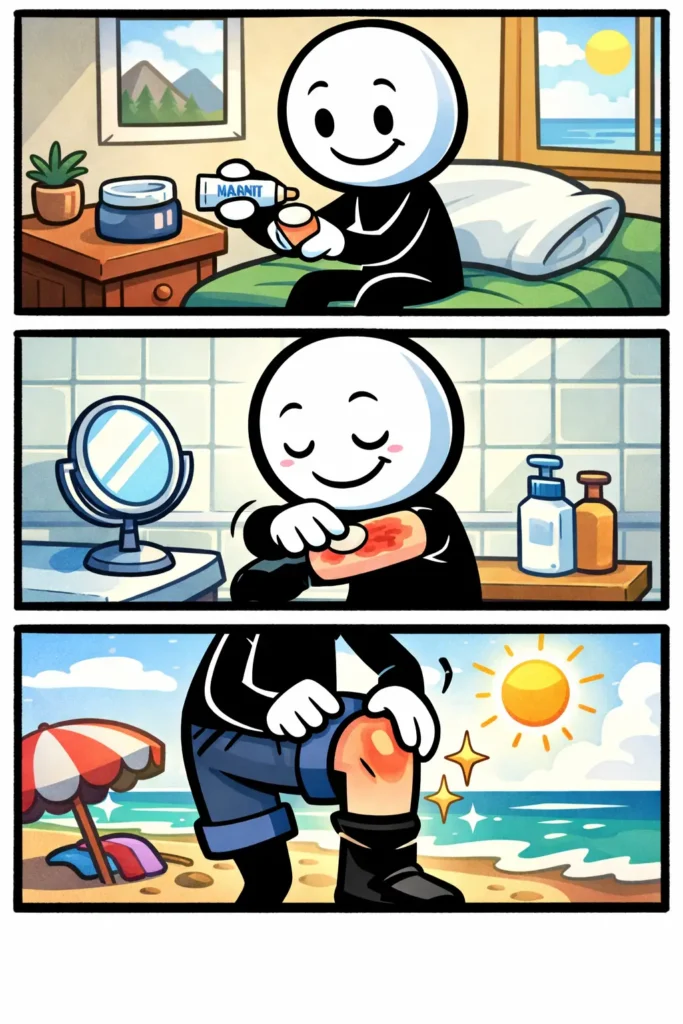 Een stripafbeelding van een stickman die zalf gebruikt op de huid, bij het woord zalf.