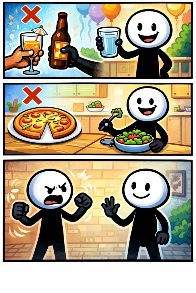 Stripafbeelding van het woord Zelfbeheersing met een stickman die kiest voor water, sla en kalmte in plaats van verleiding en agressie.