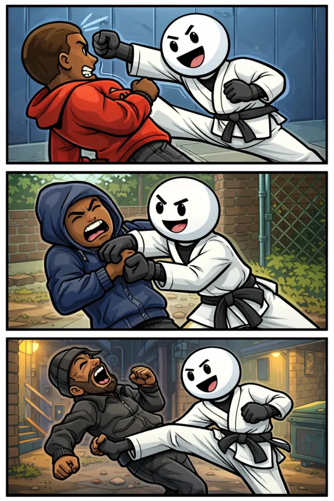 Stickman die zelfverdediging uitvoert in drie panelen met verschillende bewegingen in een afwisselend decor.