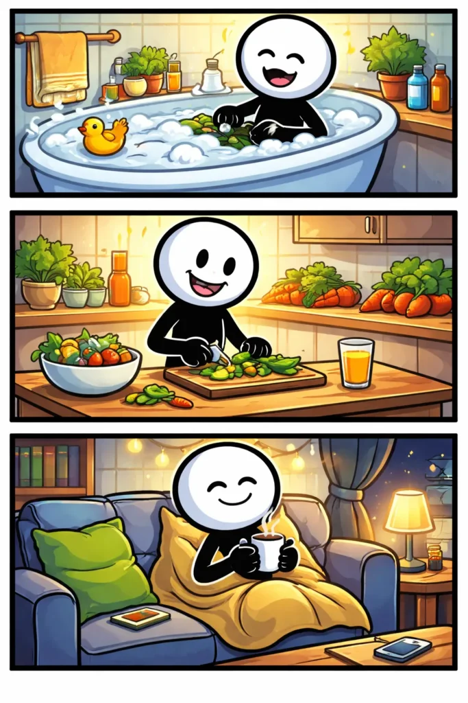 Stickman die in drie panelen verschillende vormen van zelfzorg toont in een warme en rustige omgeving.