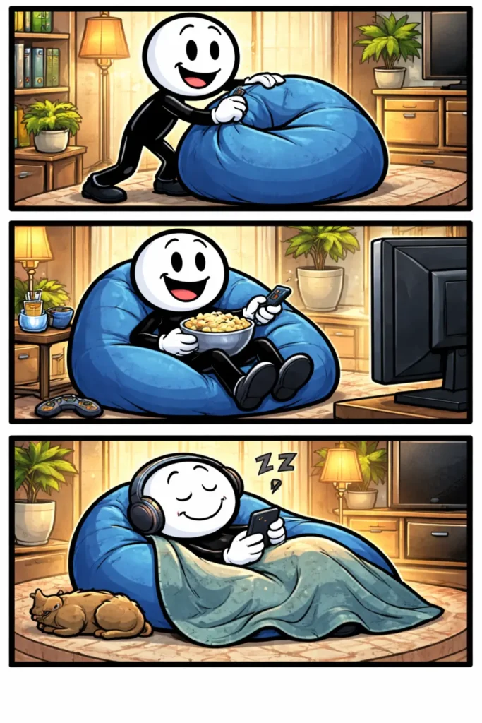 Zitzak waarop een stickman zit en ontspant in een gezellige woonkamer.