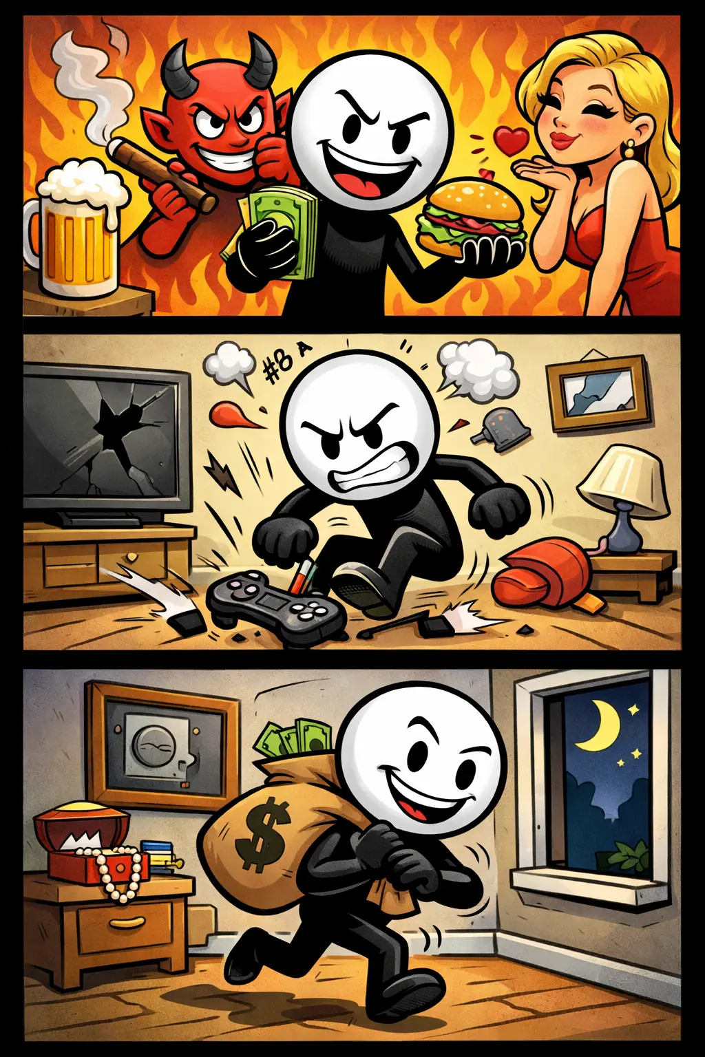 Stripafbeelding van het toonword Zonden met een stickman die verschillende verleidingen en verkeerde keuzes ervaart in drie gekleurde panelen.