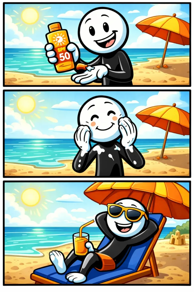 Stickman smeert zonnebrandcrème op armen en gezicht op een zonnige stranddag met zee en parasol op de achtergrond.